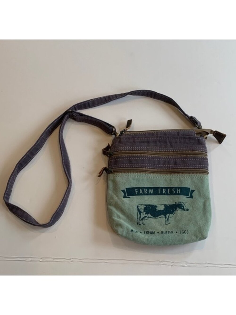 Clea Ray Farm Fresh Repurposed Upcycled Canvas Green and Brown Crossbody Bag